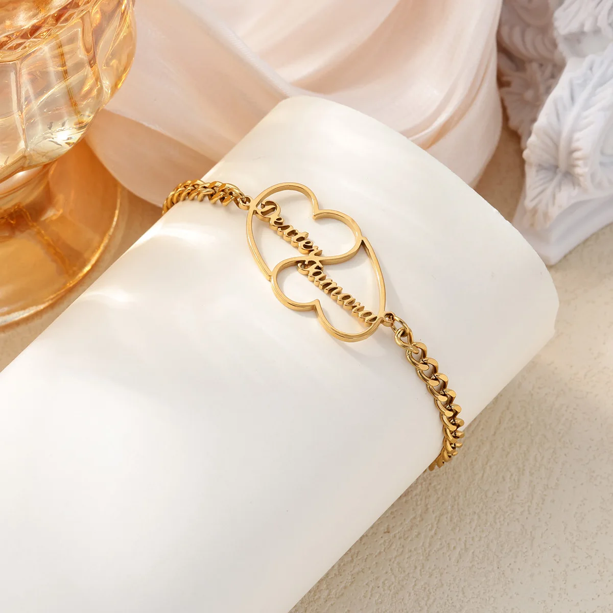 

Custom Two Name Bracelet for Women Girls Double Heart Personalized Bracelets Stainless Steel Hand Chains Nameplate Jewelry Gift