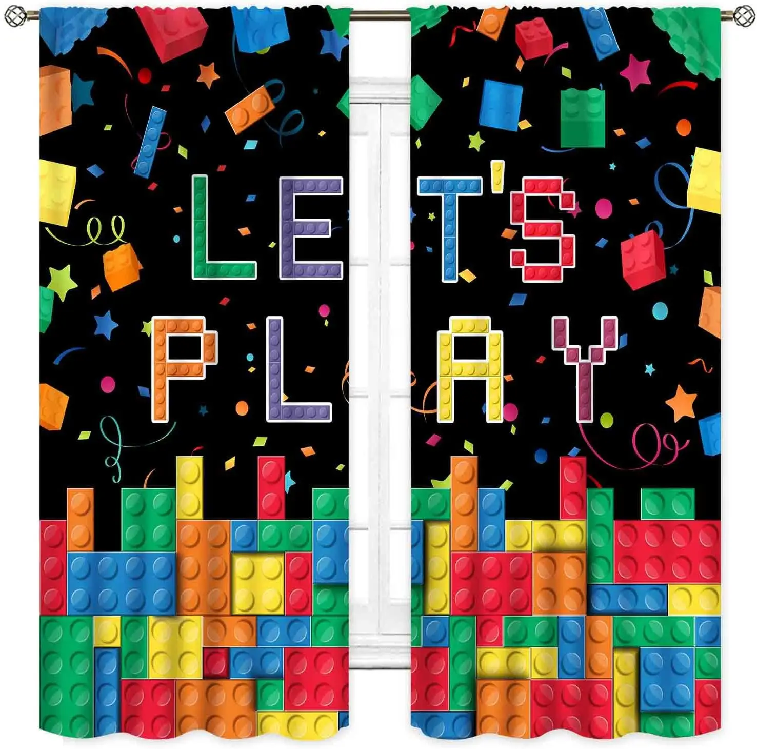 Kids Boys Curtains for Bedroom,Colorful Building Blocks Toys Plastic Brick Toy Pattern Abstract Contour Printed Blackout Drapes