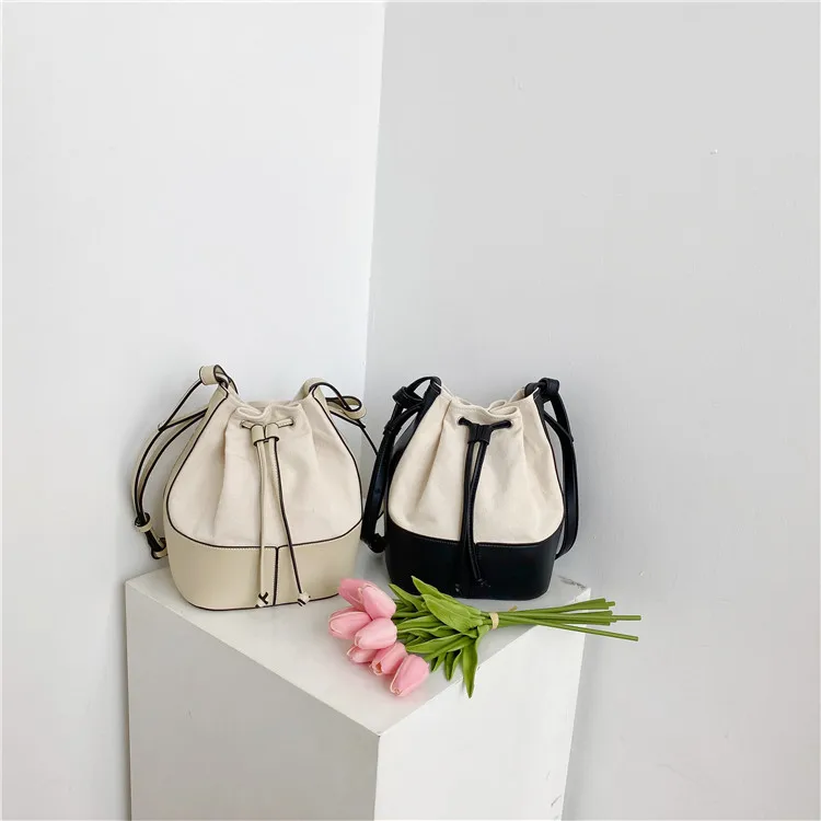 Korean style Stitching canvas Small Bucket Bags for Women 2024 new Brand Shoulder bag Handbags Casual Tassel Crossbody Bag