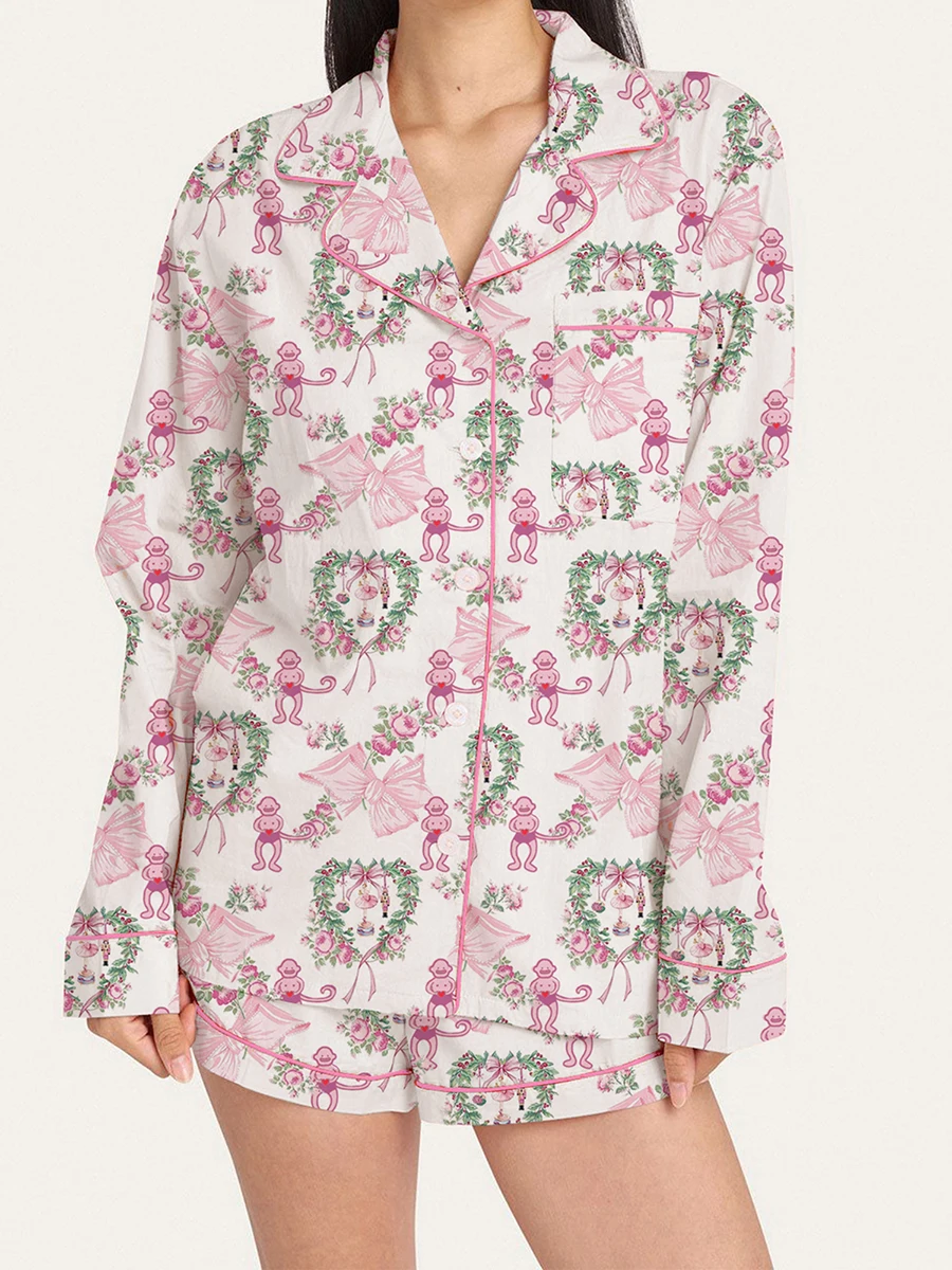 

Valentine's Day Pajamas Shorts Set for Women Sweet Heart Pjs Long Sleeve Button Down Shirt+Shorts 2 Piece Loungewear