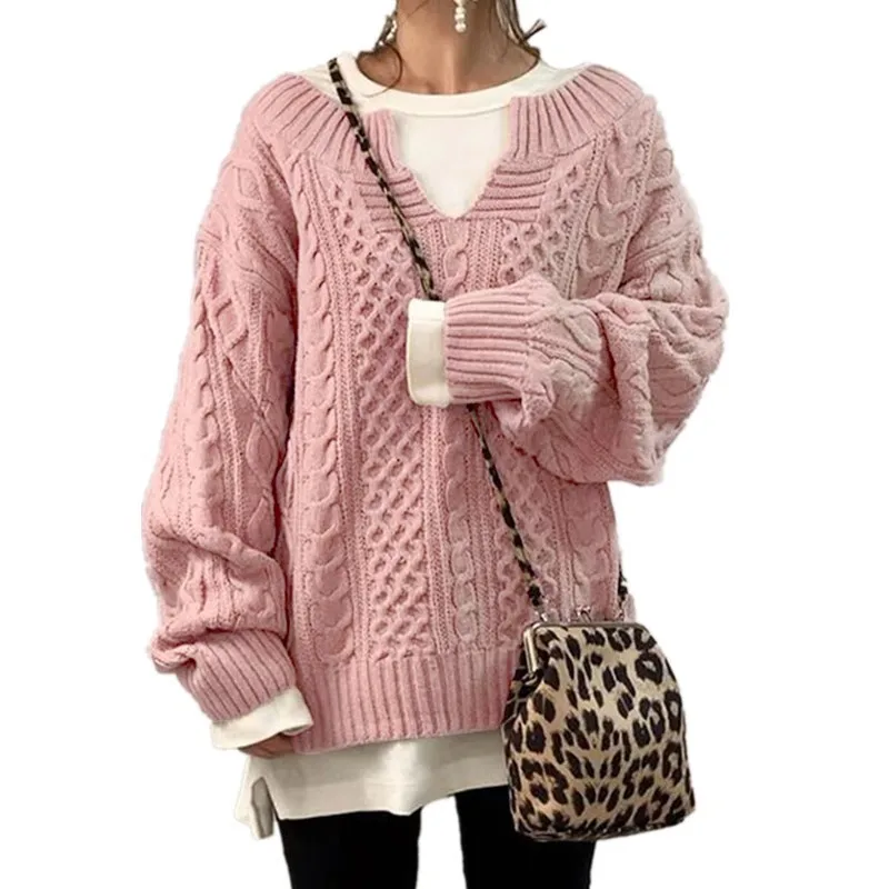 

Autumn Winter New Solid Color Sweater Women Casual V-neck Fried Dough Twists Knitting Top Office Lady Pullover Loose Sweater