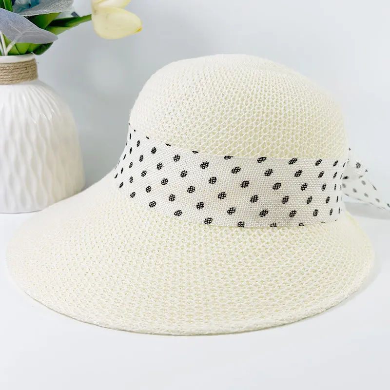 Sombrero de sol con lazo de ala grande para mujer, gorro de playa con protección UV para viajes de verano, moda versátil, cinta de lino con lunares,