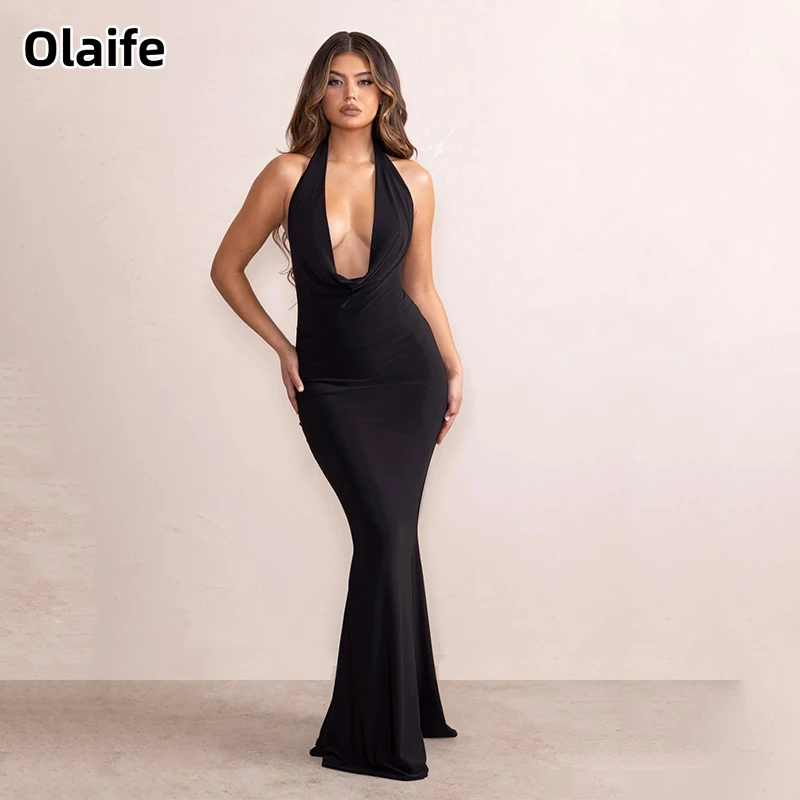 

Olaife Sexy Mermaid V-neck Halter Prom Dresses Floor Length Satin Sleeveless Backless Prom Gown Vestidos De Noche