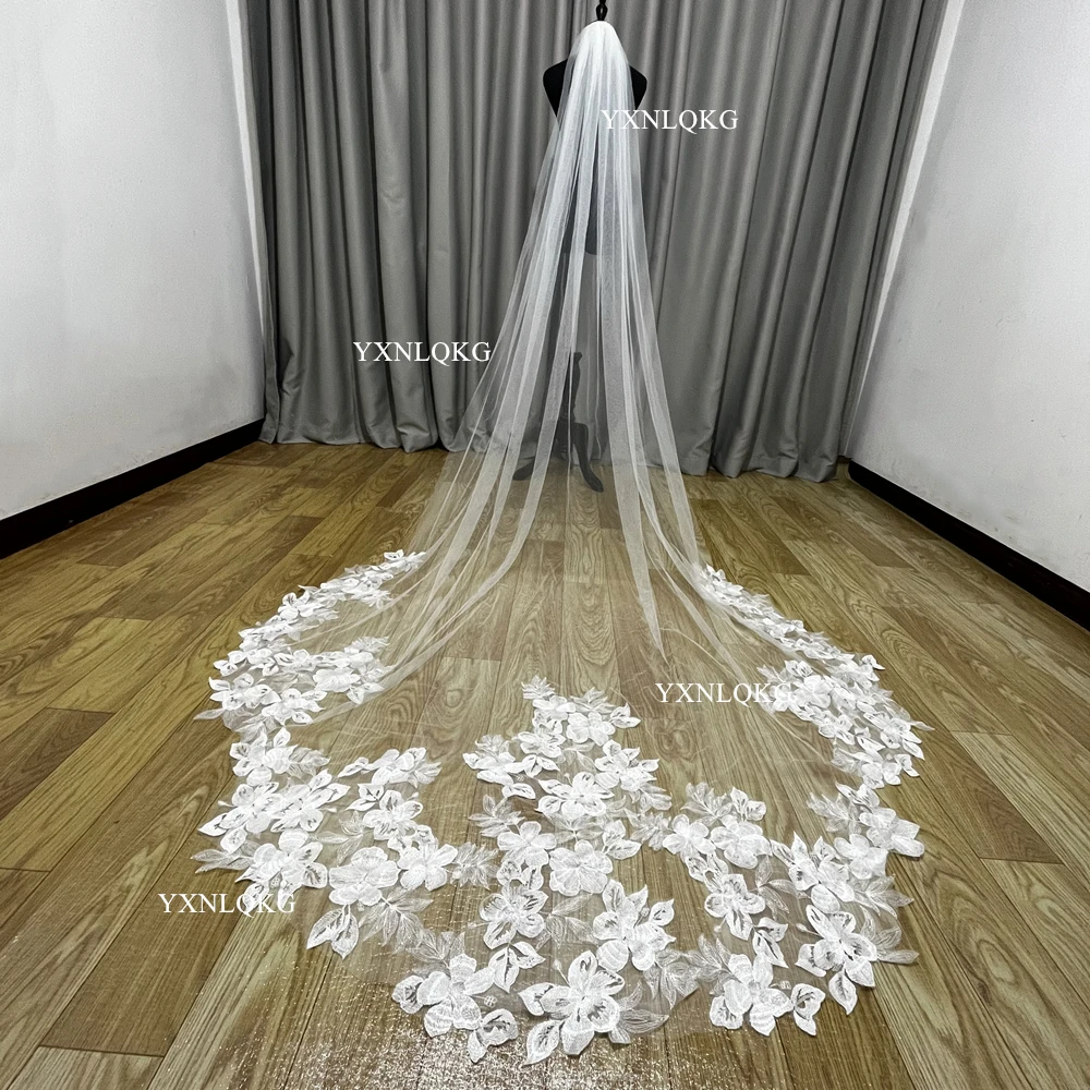 Scallop Beautiful Flower Lace Wedding Veil 3 Meters  Soft Tulle Cathedral Ivory Bridal Veil with Comb Wedding Accessories