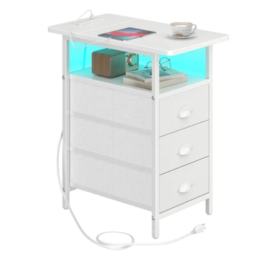 

End Table with Charging StationLED Side Tables with USB Ports and Outlets Narrow Nightstands Bedside Tables with 3 Drawers PU F