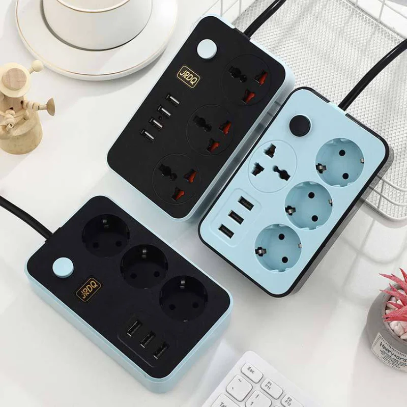 EU Plug Power Strip with 6 USB Socket 3 Ports Home Extension Cord Network Filter Overload Protection Outlet AC Electrical