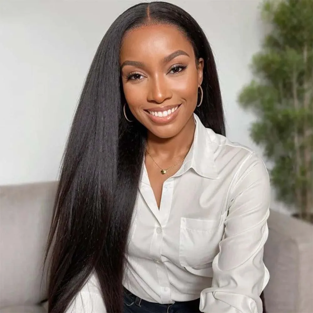 

16-32 Inch Kinky Straight V Part Wig Glueless Wig Human Hair Yaki Straight Ready To Wear Remy Hair Wigs For Women 200 Density