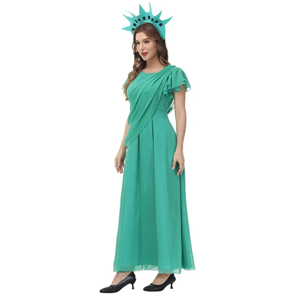 De Wereld Godin Standbeeld Karakter Kostuum Halloween Kostuum Groene Chiffon Feestjurk Liberty Shine