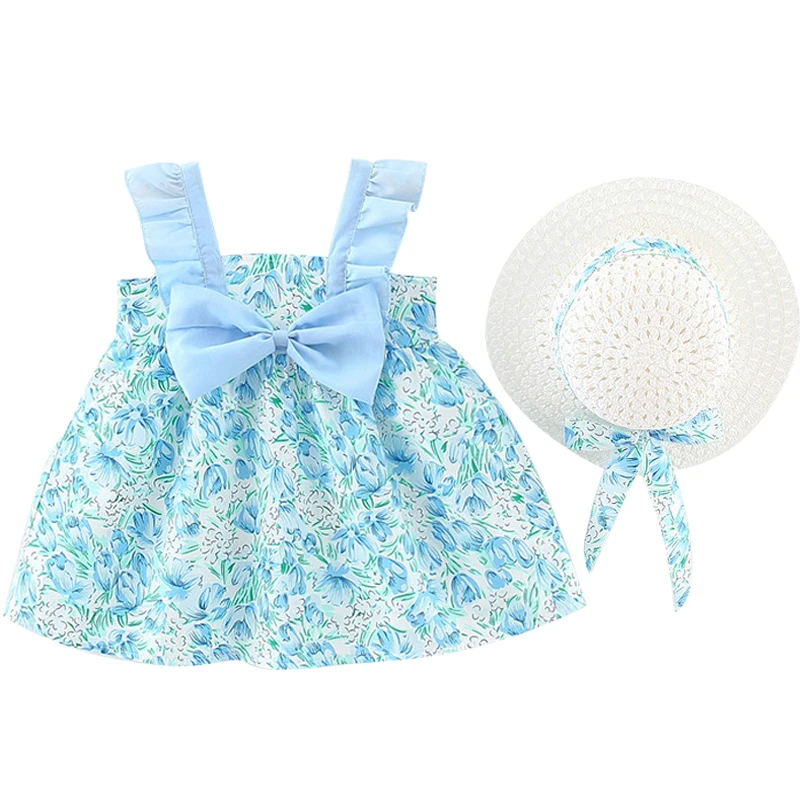 

2 Piece Set 2023 Summer Baby Clothes Girls Outfits Korean Cute Bow Flowers Sleeveless Princess Dress+Hat Toddler Dresses BC2175