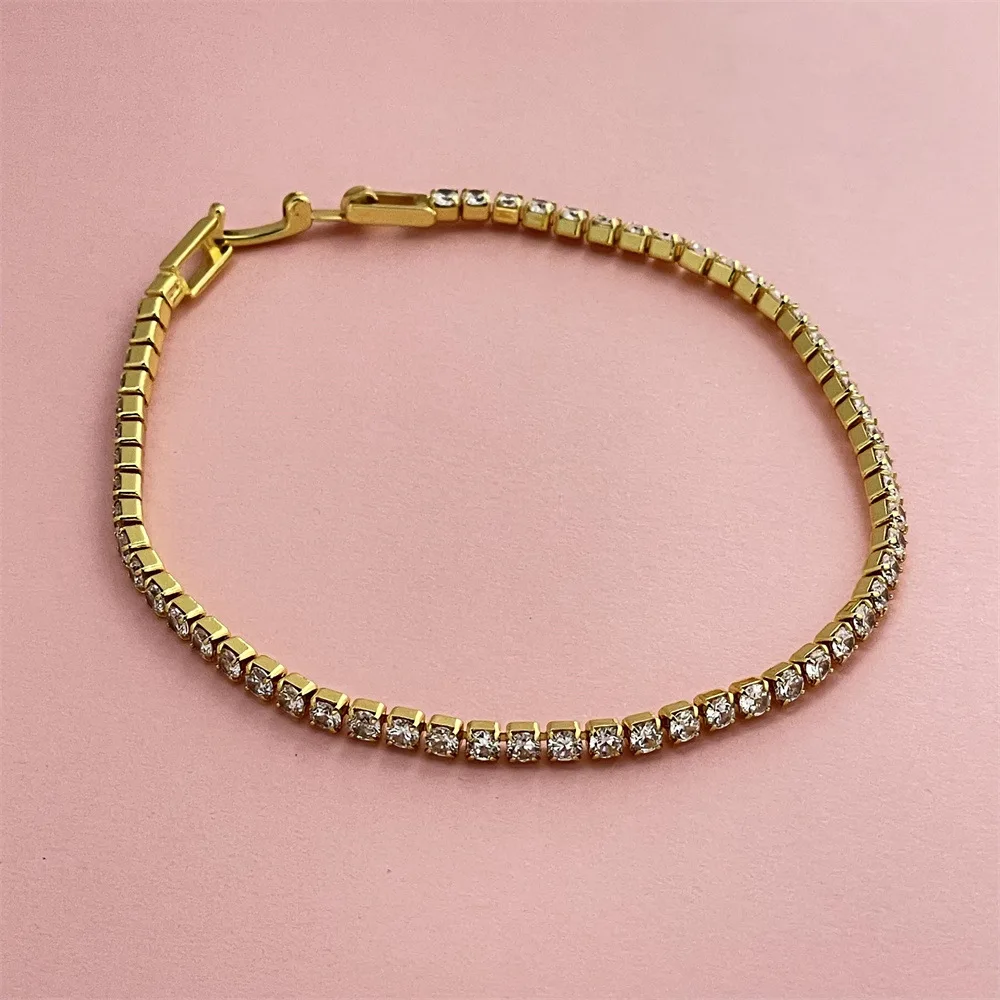 Pure 925 Silver Jewelry 2MM Tennis Bracelet 16-19CM Zirconia 18K Gold Anniversary Gift Real Sterling Silver Bracelet