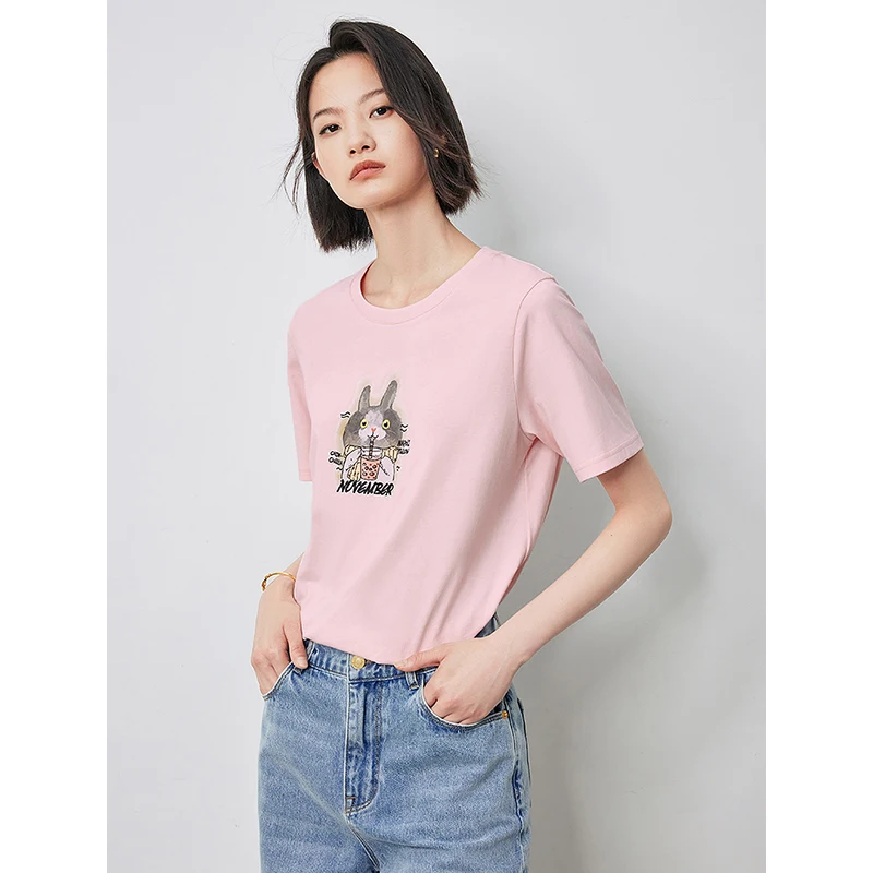 TOYOUTH Women Pure Cotton T-shirt 2024 Summer New Age Reducing Printed Top