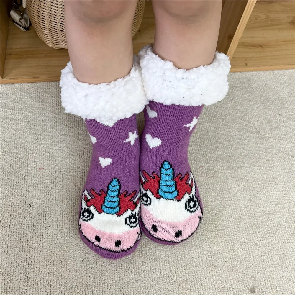 Womens Unicorn Fluffy Sock Children Furry Female Winter Warm Plush Non Slip Grip Thermal Fuzzy Slipper Socks Crocodile Monkey