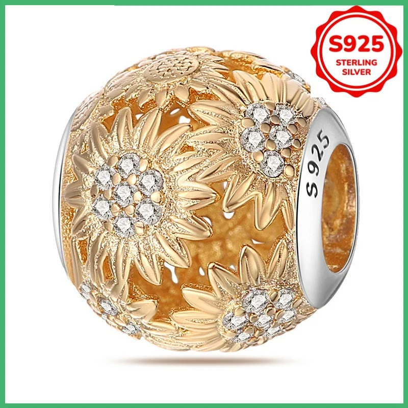 925 Sterling Silver Original Gold sunflower Charm Beads DIY Bracelet Necklace Engagement Birthday Jewelry Gift