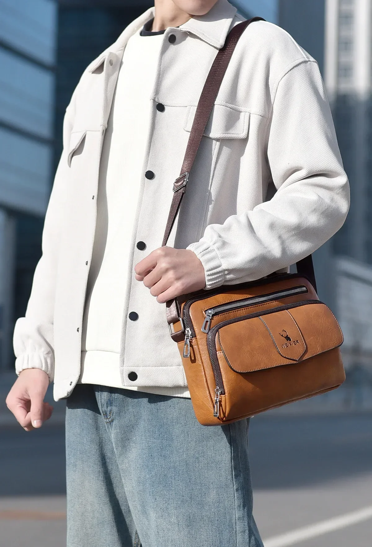 WEIXIER Marken-Herren-Umhängetasche aus PU-Leder mit Großer Kapazität und Mehreren Taschen, Hand- und Schultertasche für Geschäftsreisen und Outdoor-Aktivitäten – Detail 12