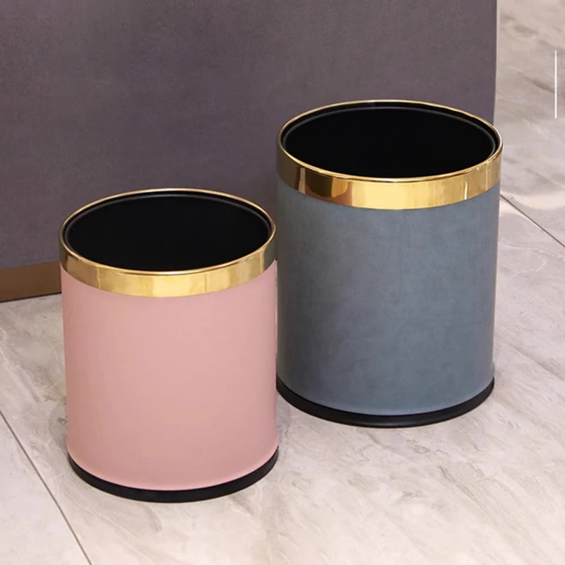 High quality Double Layer Leather Trash Can Metal Beautiful Waste Paper PU Basket Storage Bin for Bathroom Living Room Bed Room