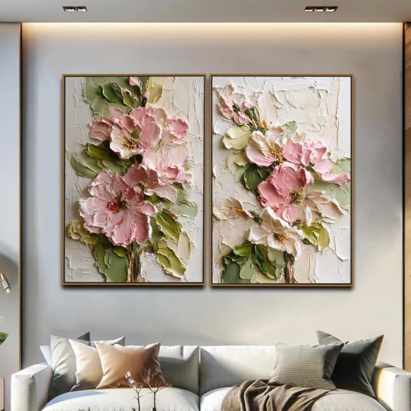 Pastel Pink Textured Flower Diptych Wall Print Heavy Impasto Palette Knife White Pink Peony Floral Canvas Painting Home Decor
