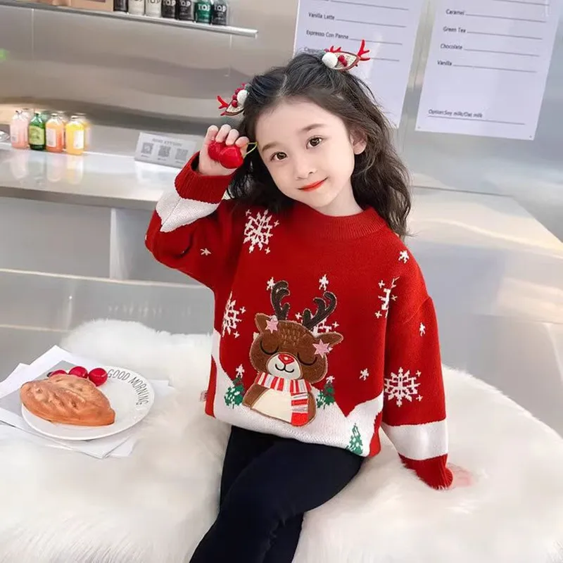 Kids Girls Christmas Deer Pullover Sweater 2024 Autumn/Winter New Snowflake Knitwear Baby Fashion Sweater Winter Clothing