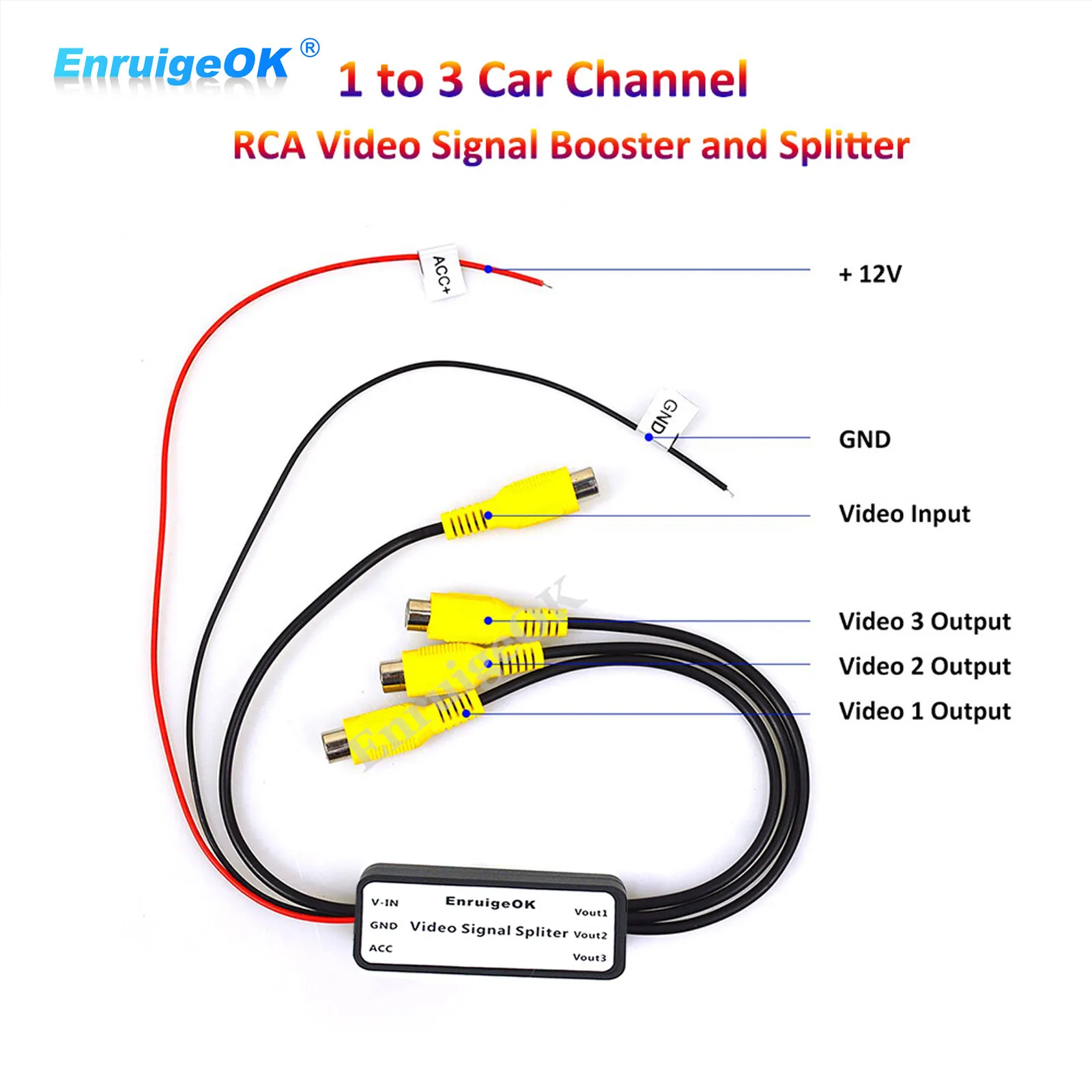 EnruigeOK-impulsionador e divisor video do sinal de RCA, vista traseira do carro, canais do retifie, 1 a 3, 12V