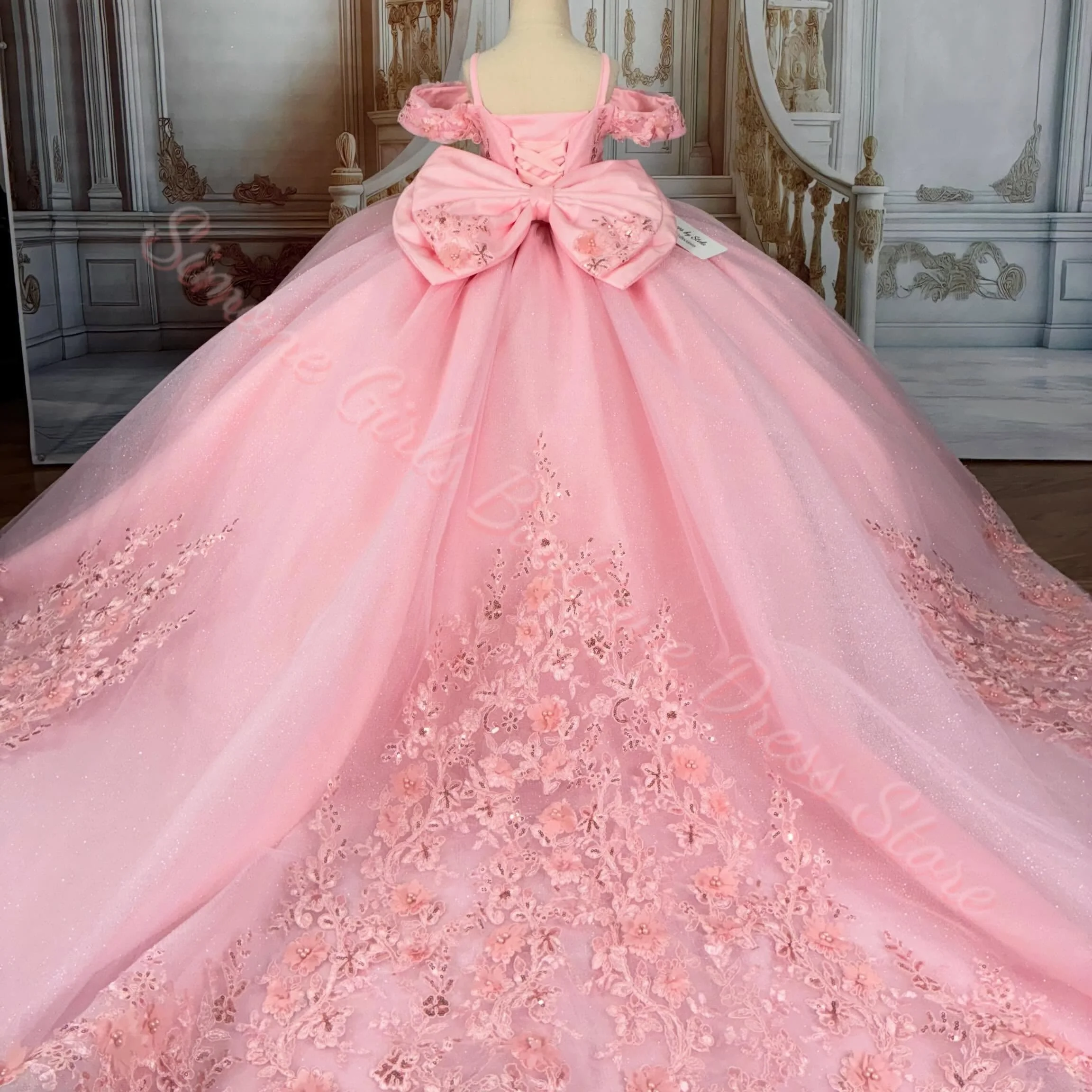 Customized Pink Flower Girl Dress For Wedding Bowknot Appliques Short Sleeve Floor Length Kids Birthday First Communion Gown