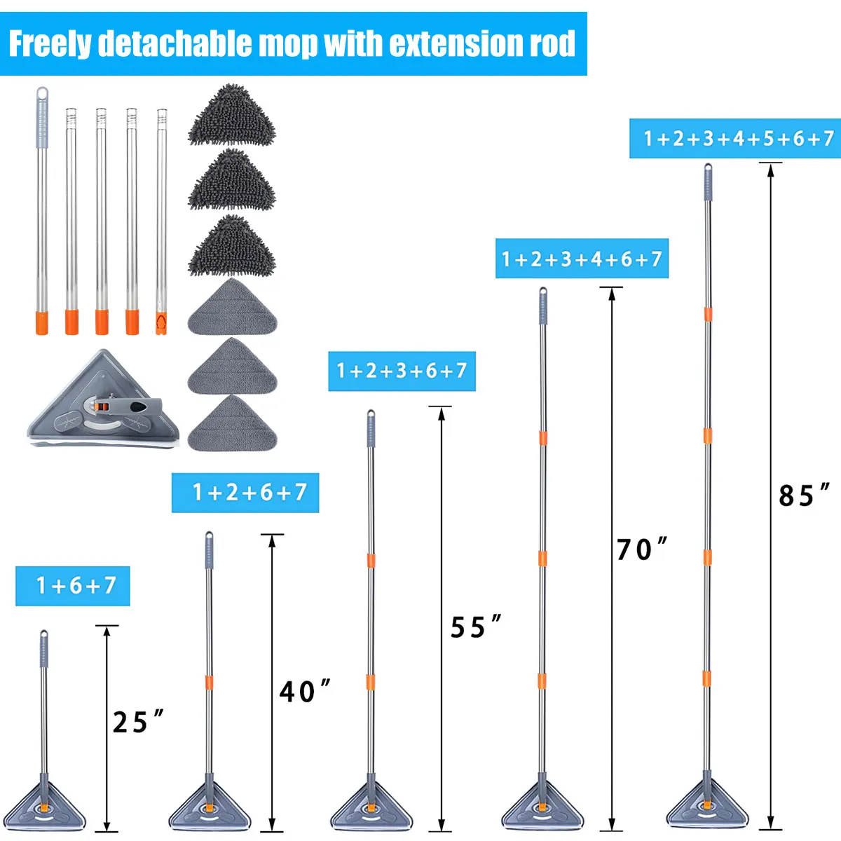 

Wall Mop with Long Handle 360 ° Rotating Triangle Microfiber Wall Cleaning Mop Adjustable Dry and Wet Dust Mop Cleaner for Floor