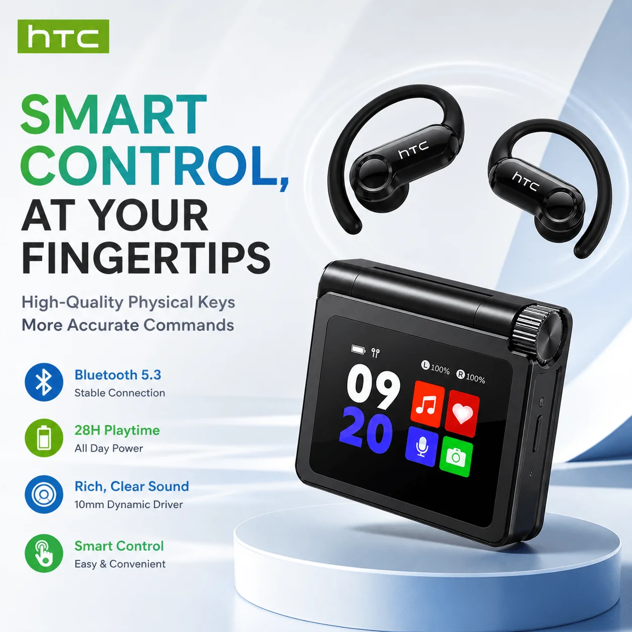 HTC NE80 Bluetooth Earphones  LED Display Smart Touch Control Open-back Earbuds Long Battery Life Sports Wireless Headphones