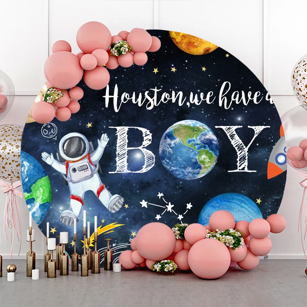 Outer Space Universe Planet Round Backdrop Cover Starry Sky Galaxy Moon Astronaut Rocket Baby Kids Birthday Circle Background
