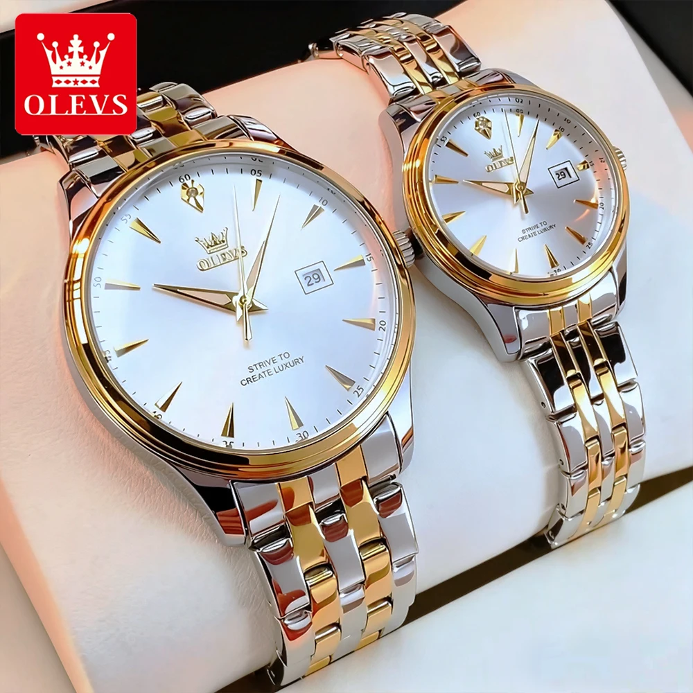 ساعات OLEVS الفاخرة للزوجين كاجوال عصرية من الفولاذ المقاوم للصدأ كوارتز أصلية لمحبي مقاومة للماء وأسبوع التاريخ المضيء