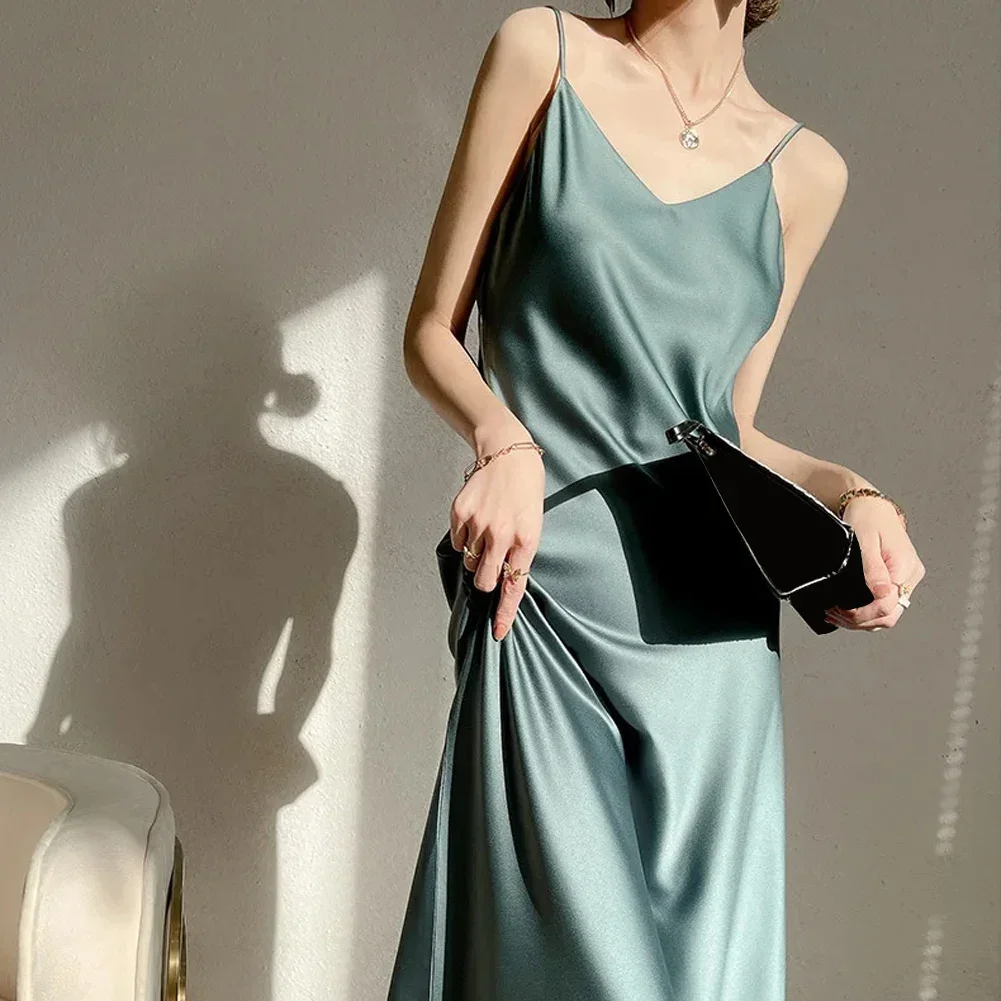 Women Summer Slip Satin Long Dress Backless Sleeveless Sexy Elegant Femme Dress Camis Satin Holiday Party Summer