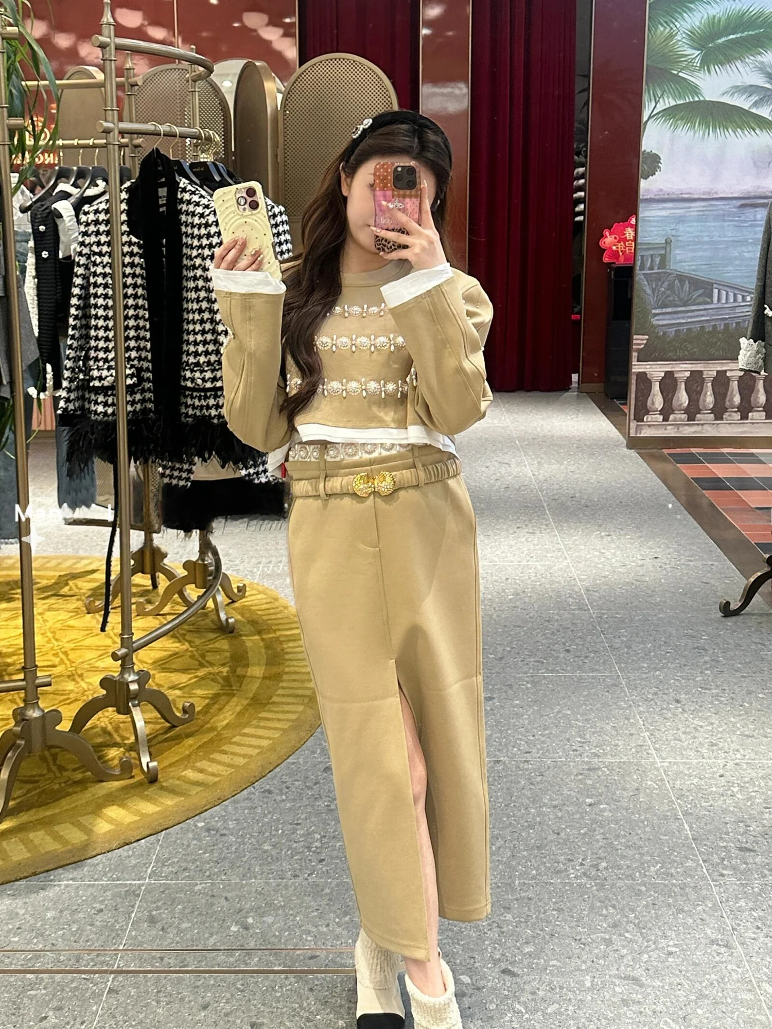 Conjunto de falda y sudadera coreana Sle ort de gama alta para mujer, Faion, primavera, nuevo bordado pesado, cuentas, fibra de poliéster de dos piezas