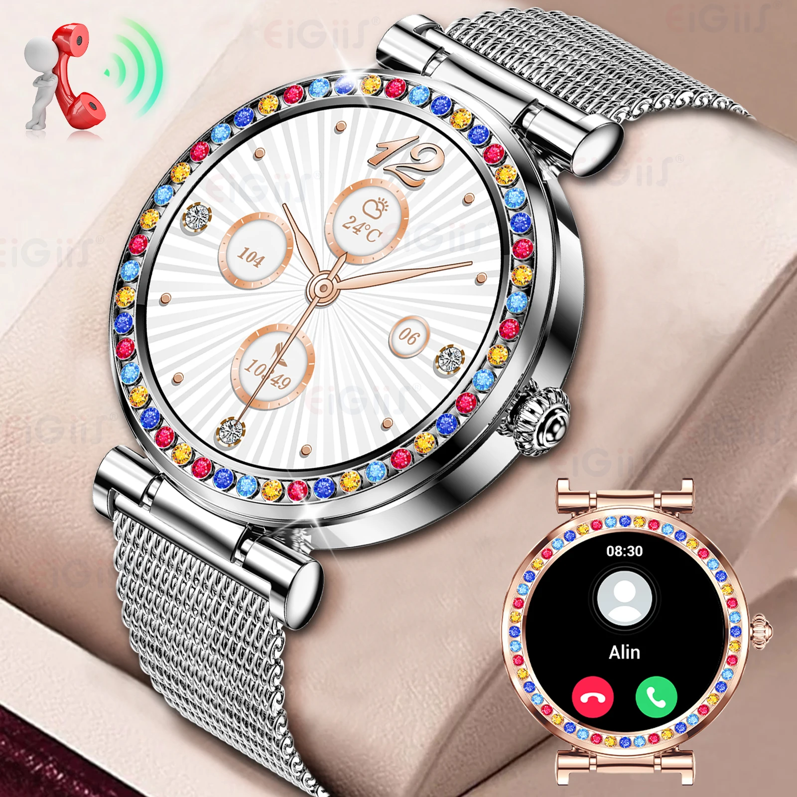 EIGIIS Ladies Smart Watch 1.27" HD Touch Screen Diamond-studded Menstrual Cycles Watch with 100+Sports Modes Tracker SmartWatch