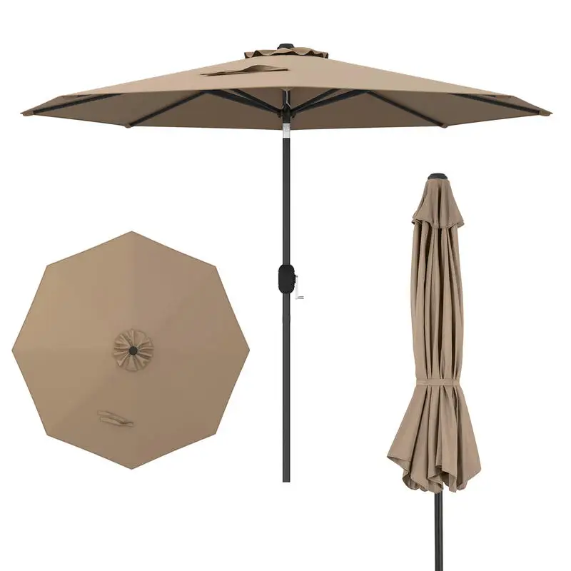 9Ft Outdoor Patio Market Umbrella, Polyester Fabric With Crank Lift And Push Button Tilt, 8 Ribs Air Vent Design For Garden Camping, Beige