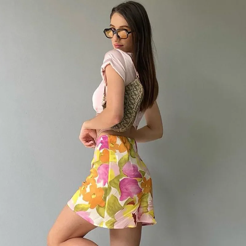 Women's Skirts Flower Prairie Style A-Line High Waist Side Zip Floral Printed Green Sweet Summer Mini Bottom High Y2k Streetwear