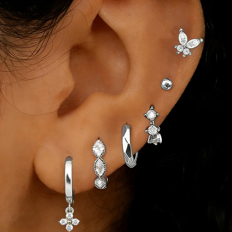 6-teiliges glänzendes Kristall-Huggie-Ohrring-Set für Damen, Tragus-Helix-Schmuck, Schmetterlings-Knorpel-Ohrstecker, Großpackung für Ohrläppchen-Piercings