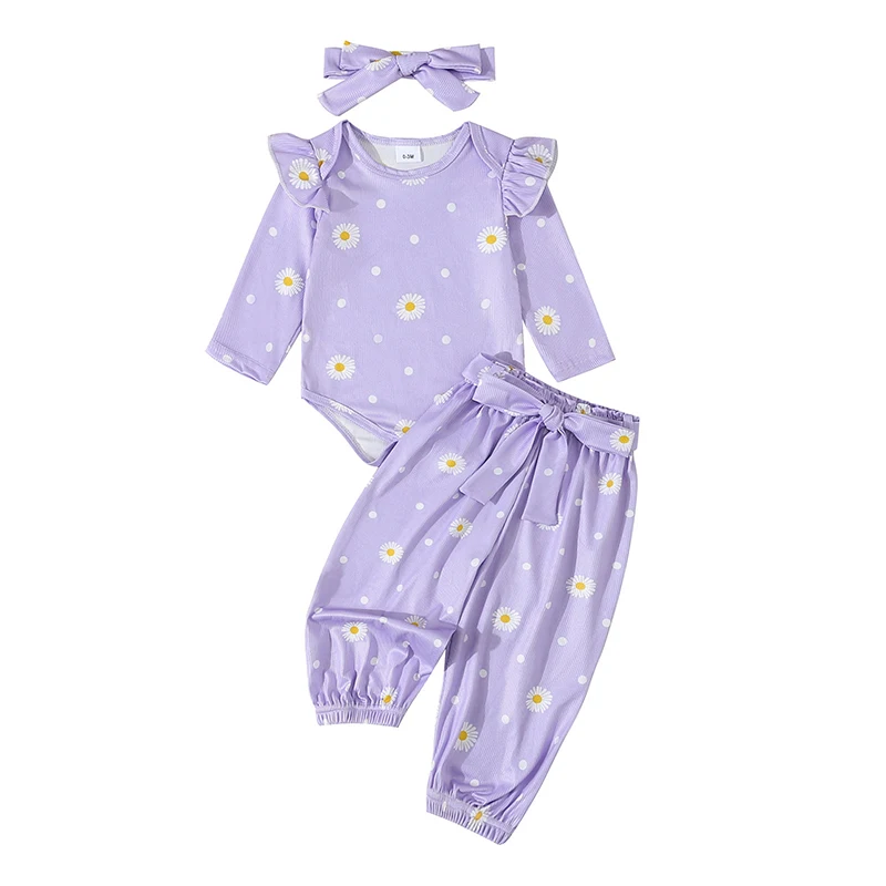 

Baby Girl Fall Outfits Daisy Print Crew Neck Long Sleeve Romper Long Pants with Belt Headband 3Pcs Clothes Set