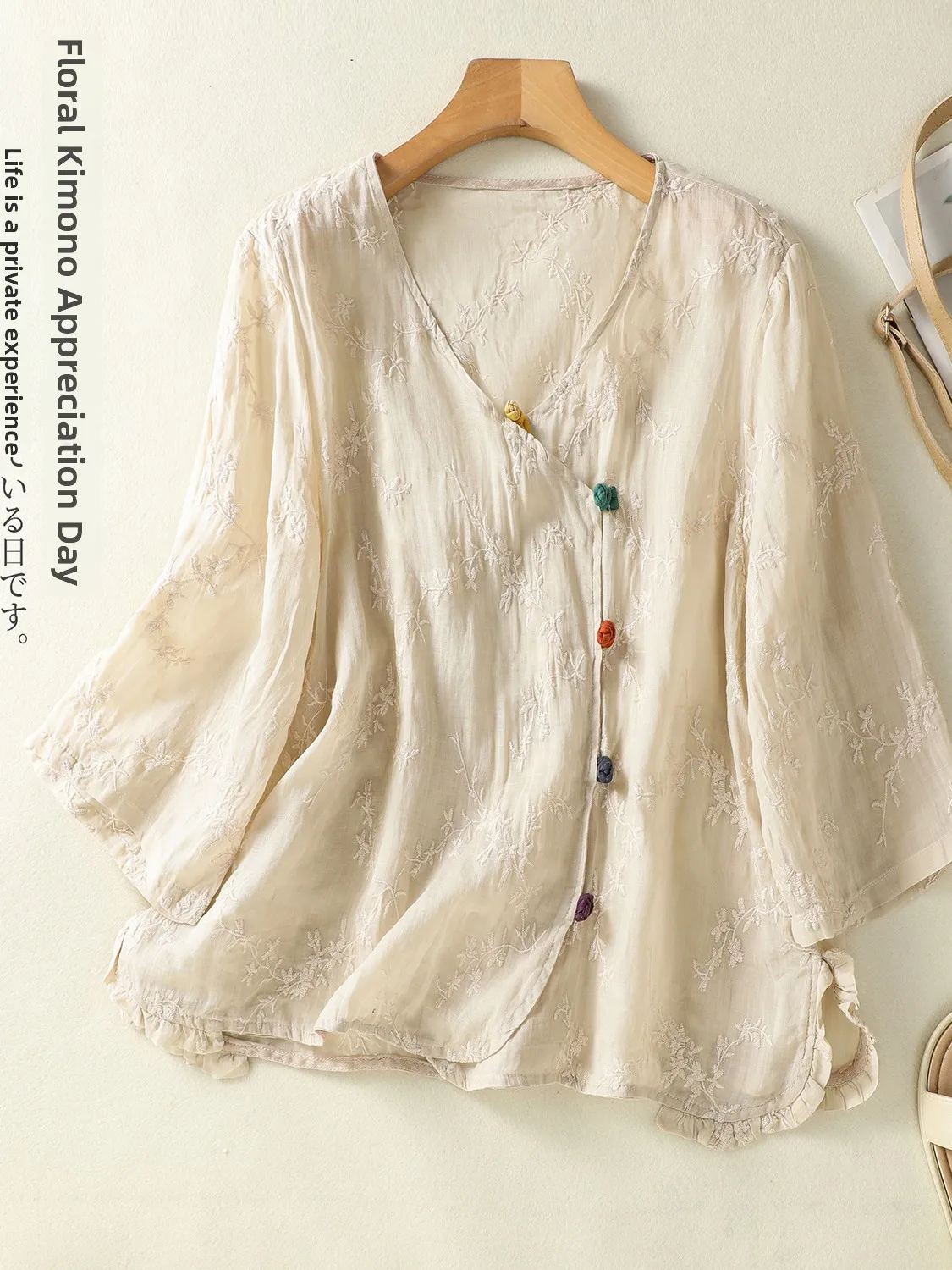 

Korean Style Embroidered Flax Shirt Women's Large Size round Neck Side Buttoned Breathable Casual Summer Top Vintage Commute