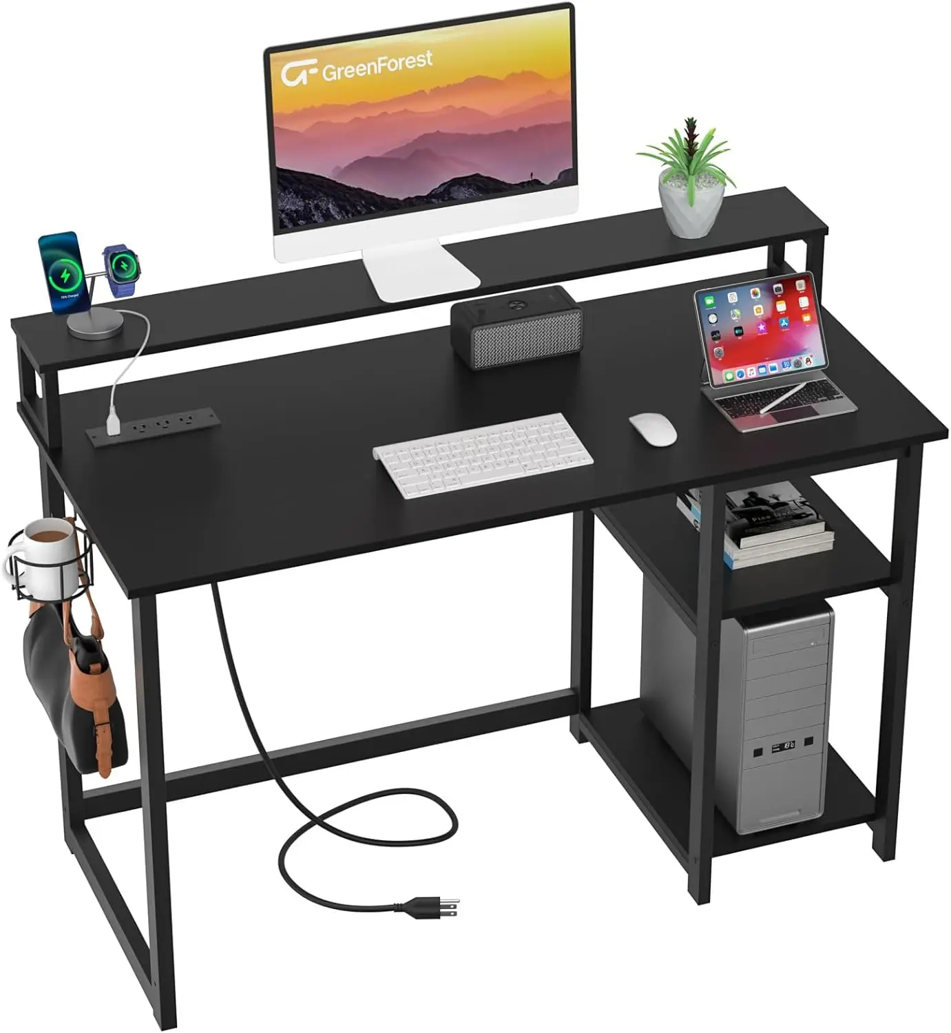 

40-Inch Computer Desk with Power Outlets, Ergonomic Monitor Stand, Reversible Shelves for Home Office and Gaming