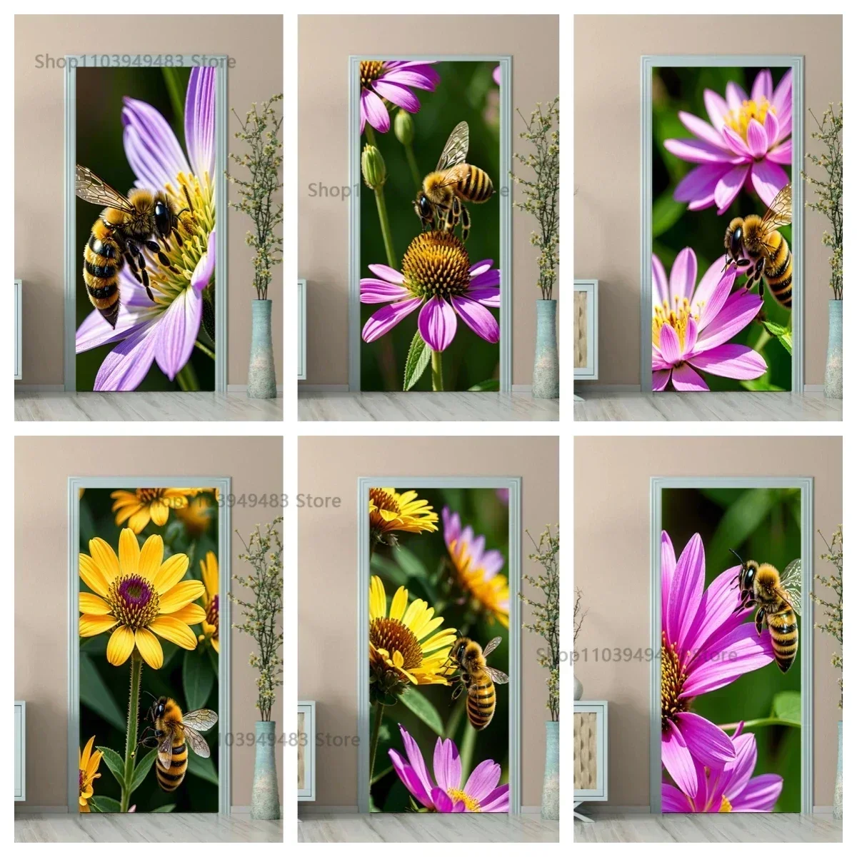 Insect Series Bees Dragonflies Ladybird Art Door Poster Waterproof Self-Adhesive Mural Sticker for Full Doors Decals Home Decor