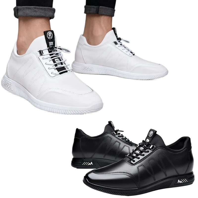 

Men's Genuine Leather Slip On Sneakers, 8CM Hidden Height Increase Soft Sole Casual Shoes, White Comfortable Walking Moccasins