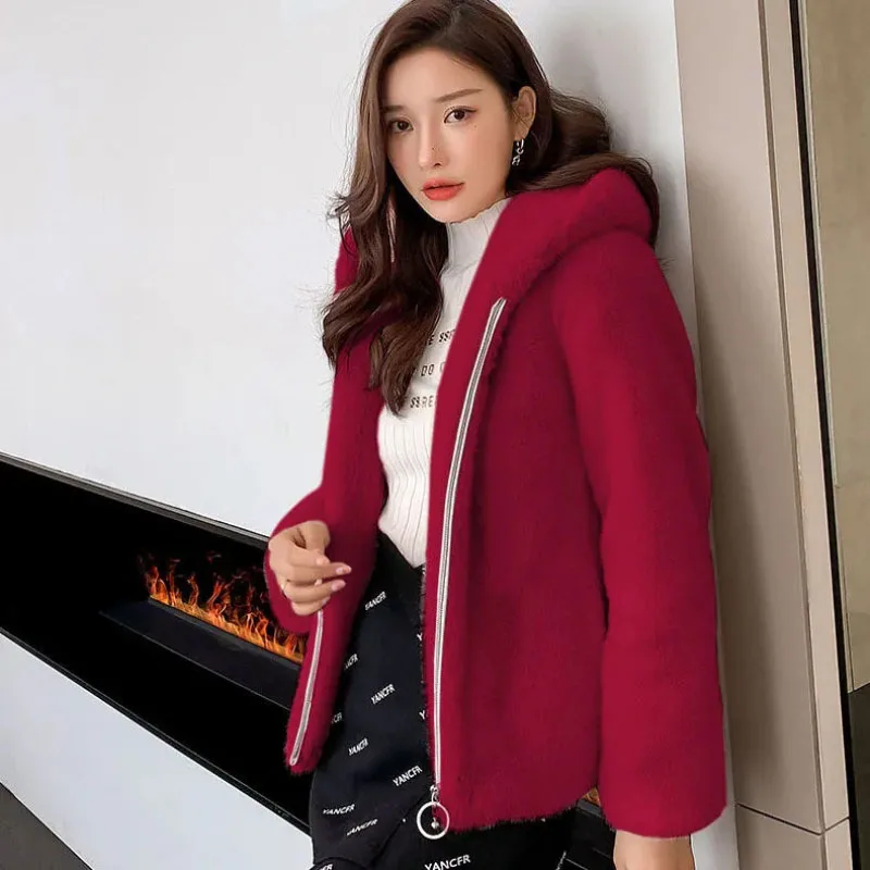 2024 New Autumn Winter Plus Velvet Thicke Granular Shearling Jacket Women's Outwear Korean Loose Warm Hooded Lamb Wool Coat