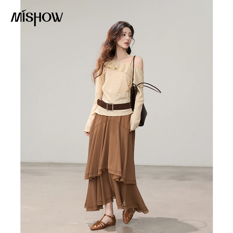 MISHOW Women's Asymmetric Sloping Shoulder Ruffle Top 2026 Spring Ramie Fabric Tassel Long Sleeve Loose Knitted Top MXF16Z3030