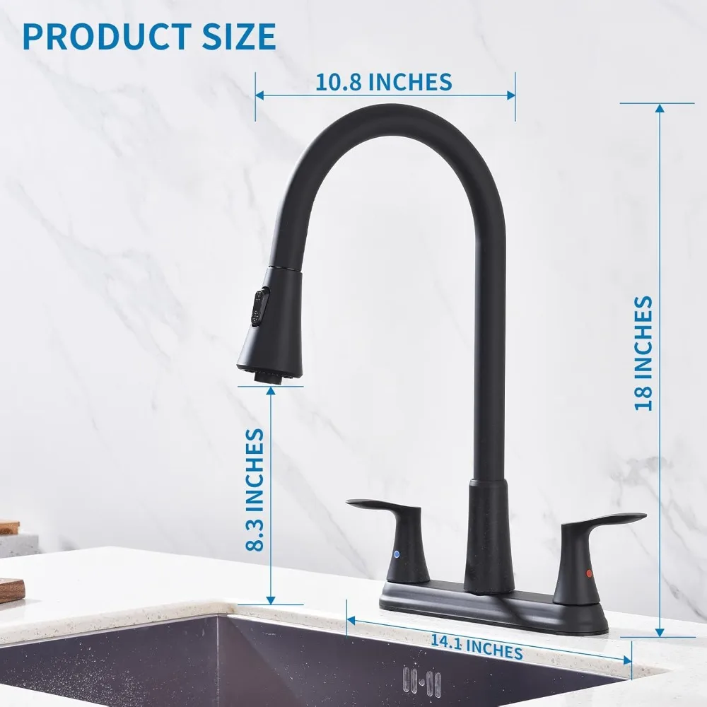 2-Handle Kitchen Faucet, 8-Inch 360° Rotating Pull-Down Sprayer (3-Hole), Centerset with Lines, Matte Black
