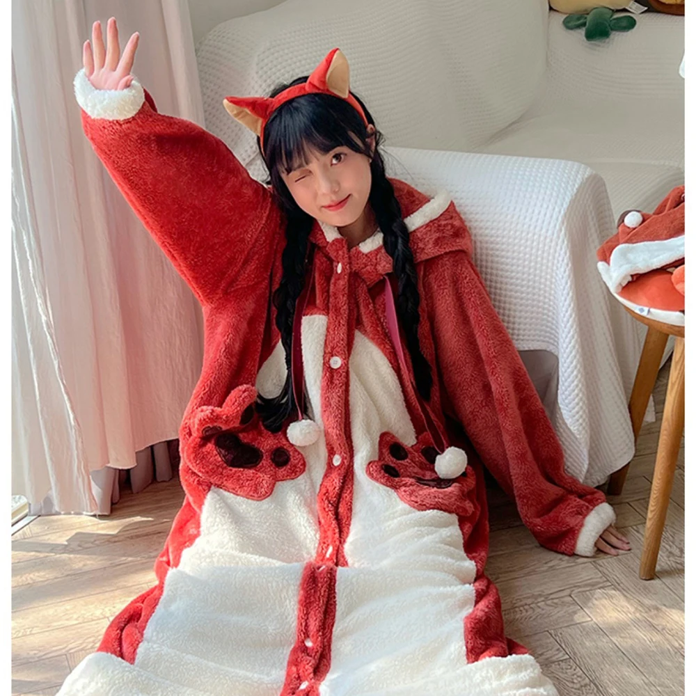 Red Fox Costume Fluffy Thick Winter Nightgown Lady Night Gown Long Bath Robe Cartoon Halloween Animal Cosplay Hooded Nightdress