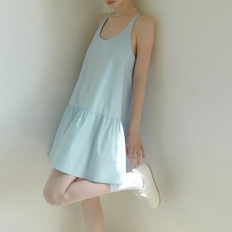 แฟชั่นชุดผ้าลินินผู้หญิงสบายๆหลวมฤดูร้อนแขนกุด U-คอ Blue High Street Holiday Beach Party Mini สั้น Vestido Feminino