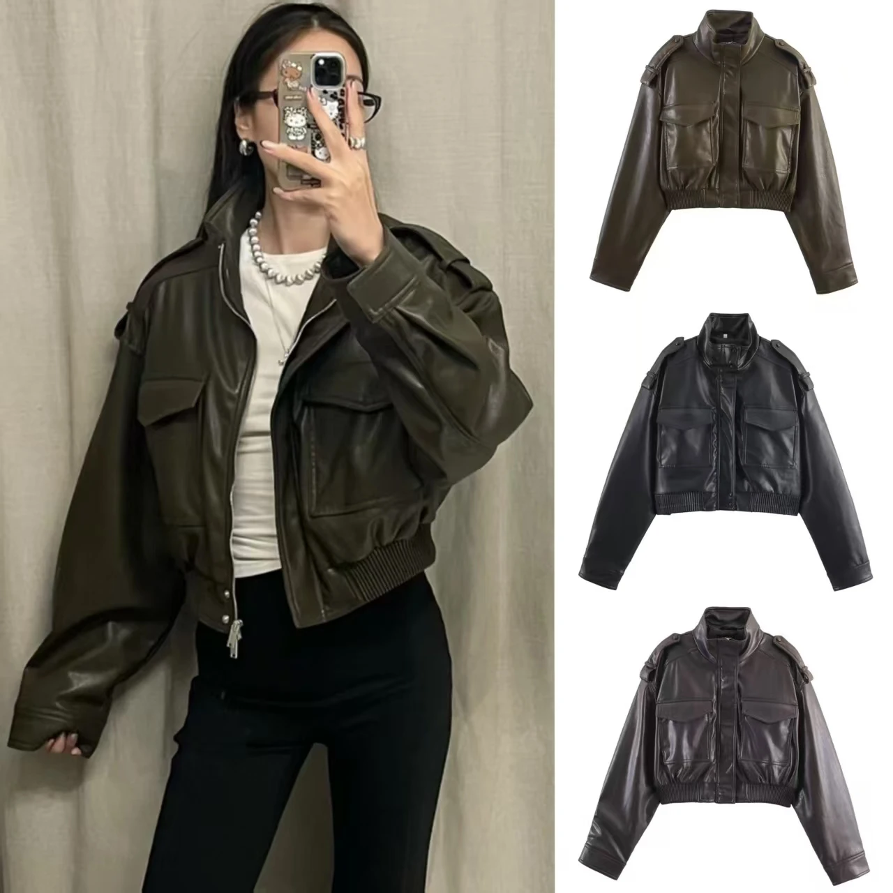 

2025 женская куртка, новая осенняя темно-зеленая короткая куртка из искусственной кожи с длинными рукавами, байкерский стиль, повседневная модная индивидуальная куртка