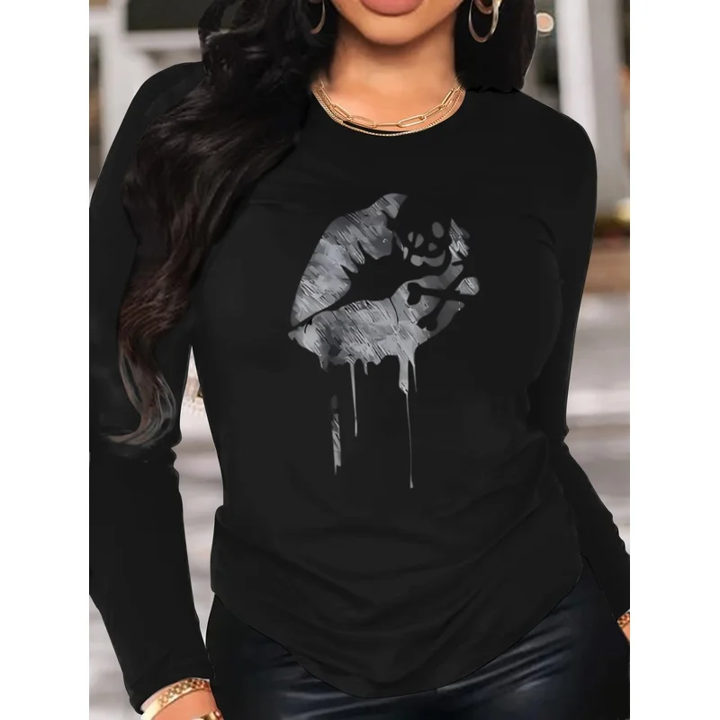 Women's Lip Print Pattern Long Sleeve Top，Women's round neck casual long sleeve shirt