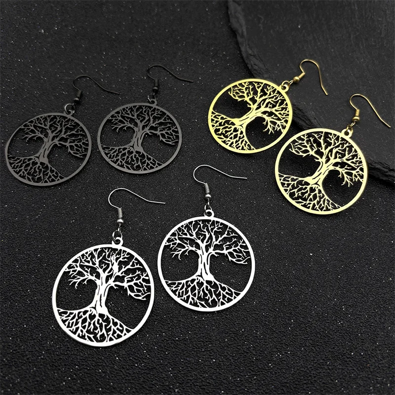 Hollow Tree of Life Drop Earrings for Women Men Stainless Steel Gold Silver Color Plant Dangle Earring Amulet Jewelry Gift