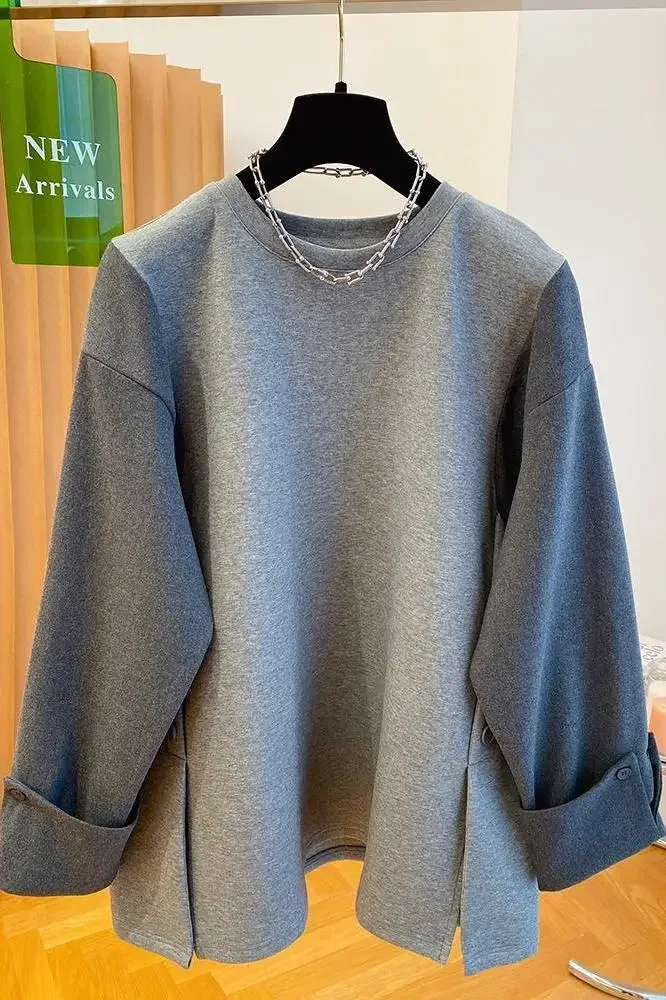 SuperAen النمط الأوروبي والأمريكي رمادي موضة المرقعة بأكمام طويلة البلوز المرأة بلوزات فضفاضة منتصف طول