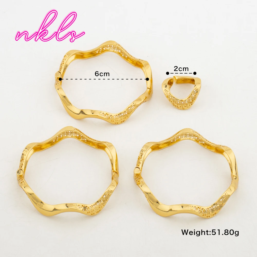Luxury Gold Color Cuff Bangles with Ring Jewelry Set Plated Brass Jewelry Set Saudi Arab Vintage Bracelet Women Wedding Jewelry