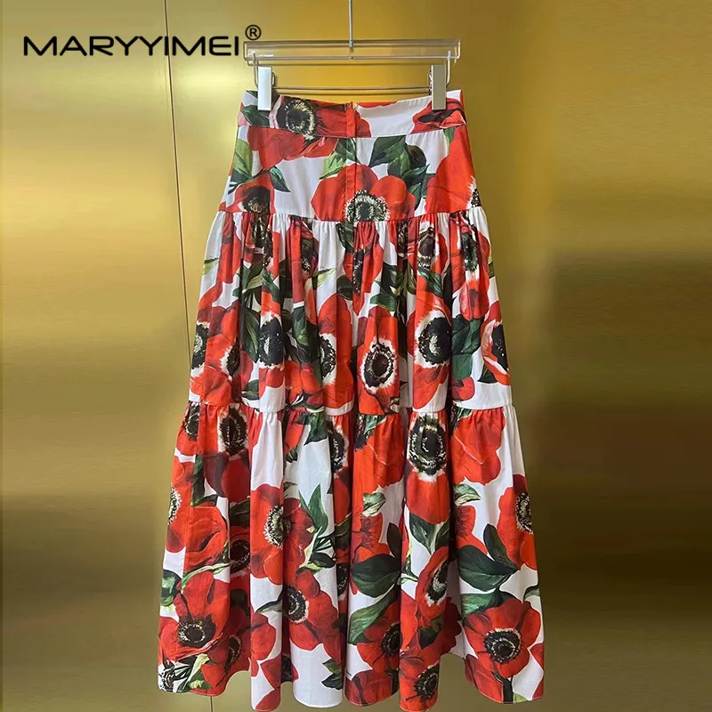 Imagem -05 - Maryyyimei-conjunto Midi e Top de Manga Curta Feminina Popeline Sexy Estampa Floral Encantadora Moda Patchwork Peças