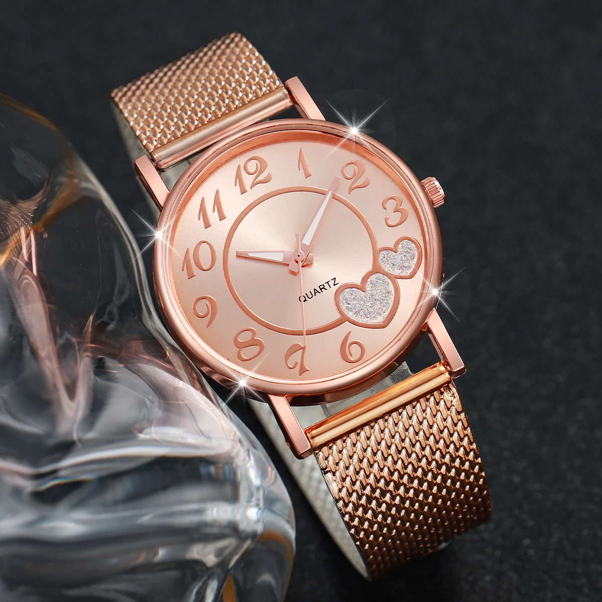 6PCS/Set Fashion Heart Dial Women\'s Watch Casual Plastic Band Quartz Watches Rhinestone Heart Jewelry Set(Without Box)